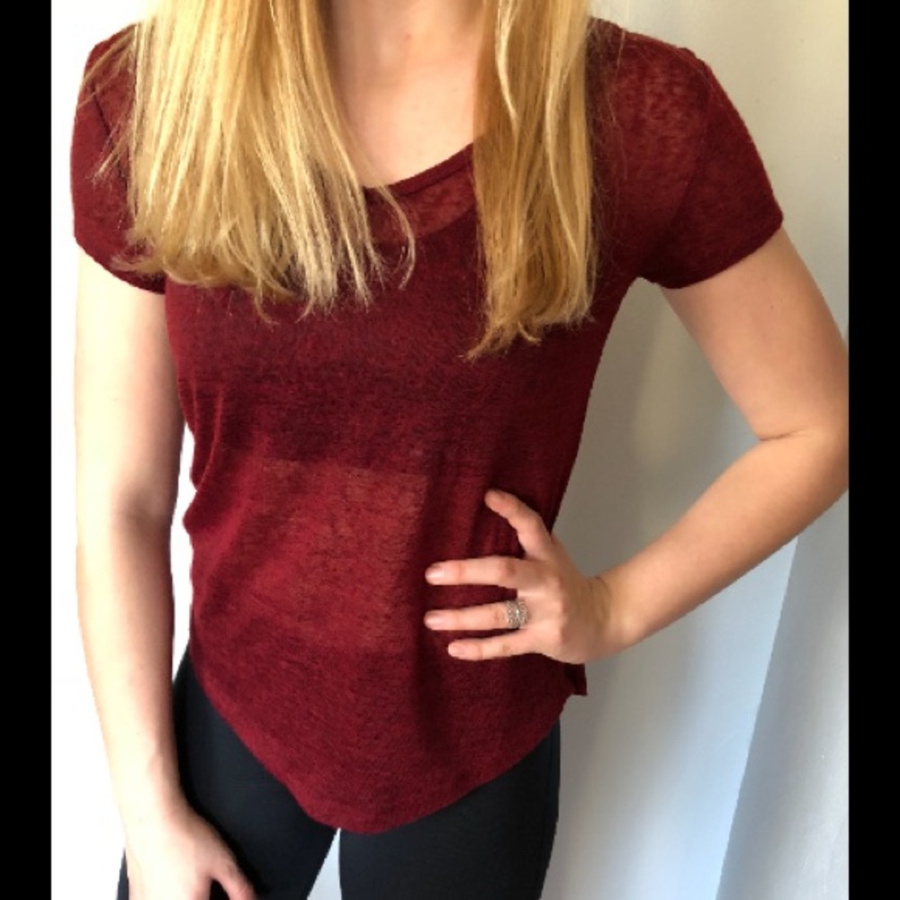 Red, V-neck T-shirt.